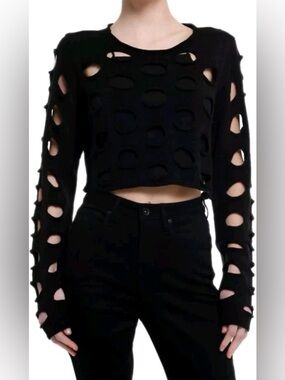 Social Collision Hot Topic Black Distressed Holes Cropped Sweater, Medium